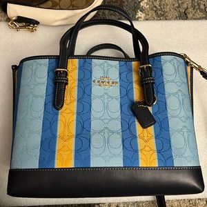 Navy Blue and yellow Coach crossbody satchel